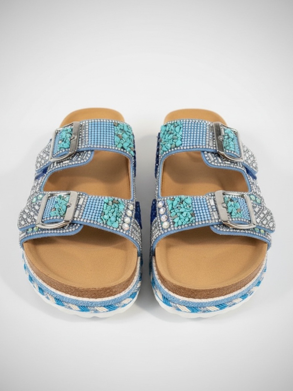 Boutique Sz 9.5 Bedazzled Beaded Blue Platform Slide Sandals Buckle Straps | EUC - Picture 2 of 11
